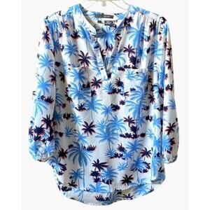 Sandra Women's Size Medium Blouse Top Palm Tree Split Neck Mandarin